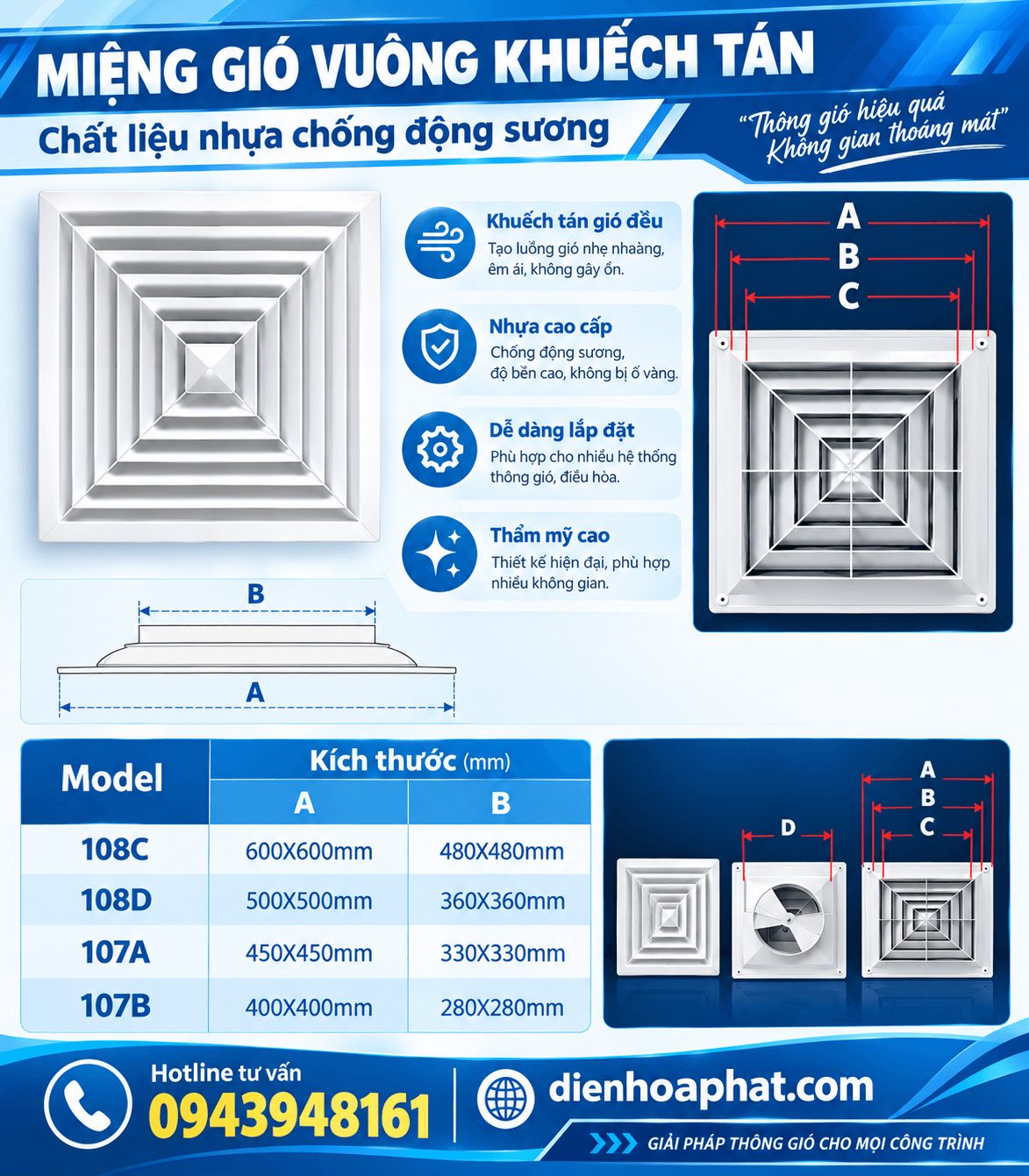 Miệng gió khuếch tán vuông 600x600